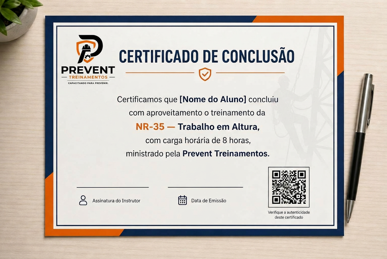 Certificado de conclusão emitido pela Prevent Treinamentos